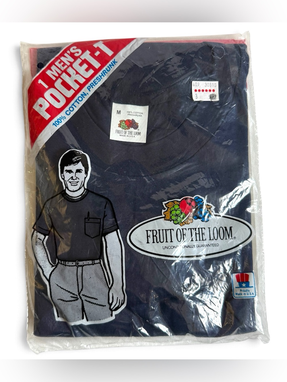 Vintage Fruit of the Loom Men's Pocket T-Shirt Navy Blue M Cotton Made In USA